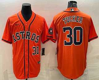 Mens Houston Astros #30 Kyle Tucker Number Orange With Patch Stitched MLB Cool Base Nike Jersey